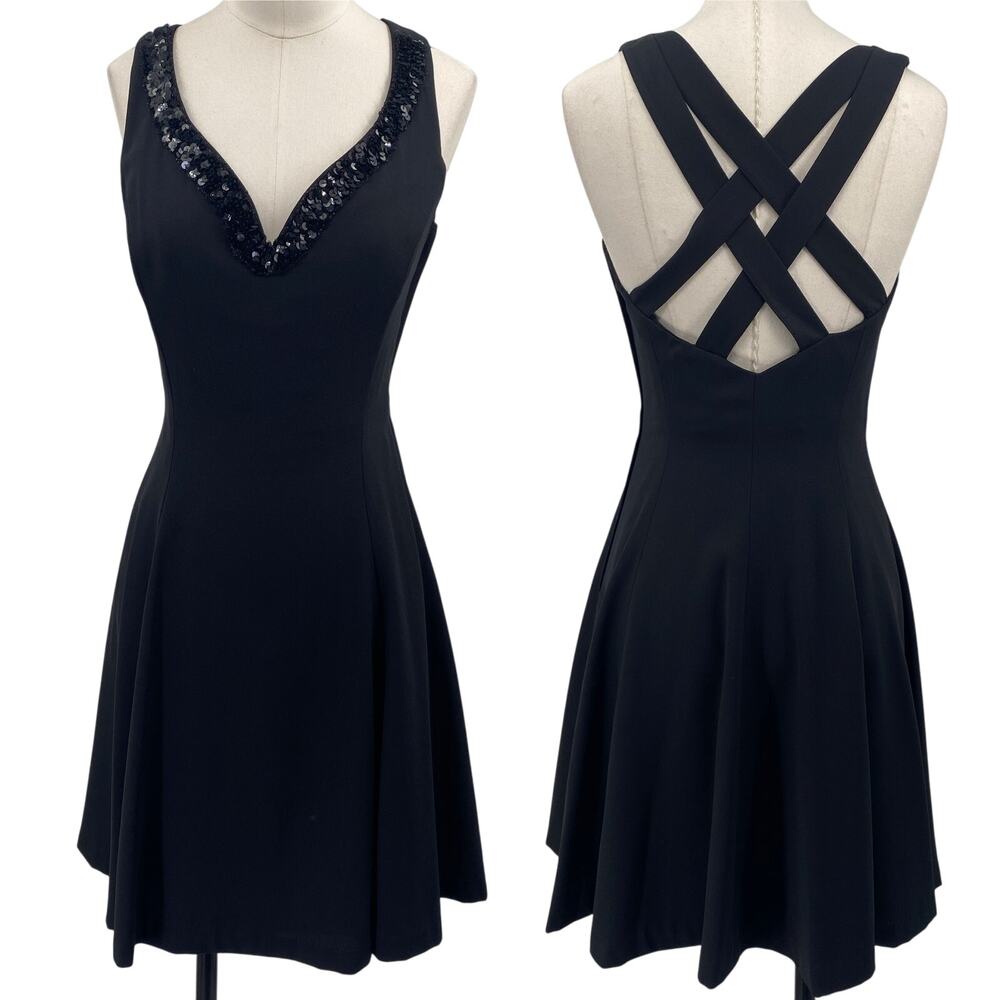Vintage 90s Fit & Flare Mini Cocktail Dress Sequin Neck Strappy Open Back Black